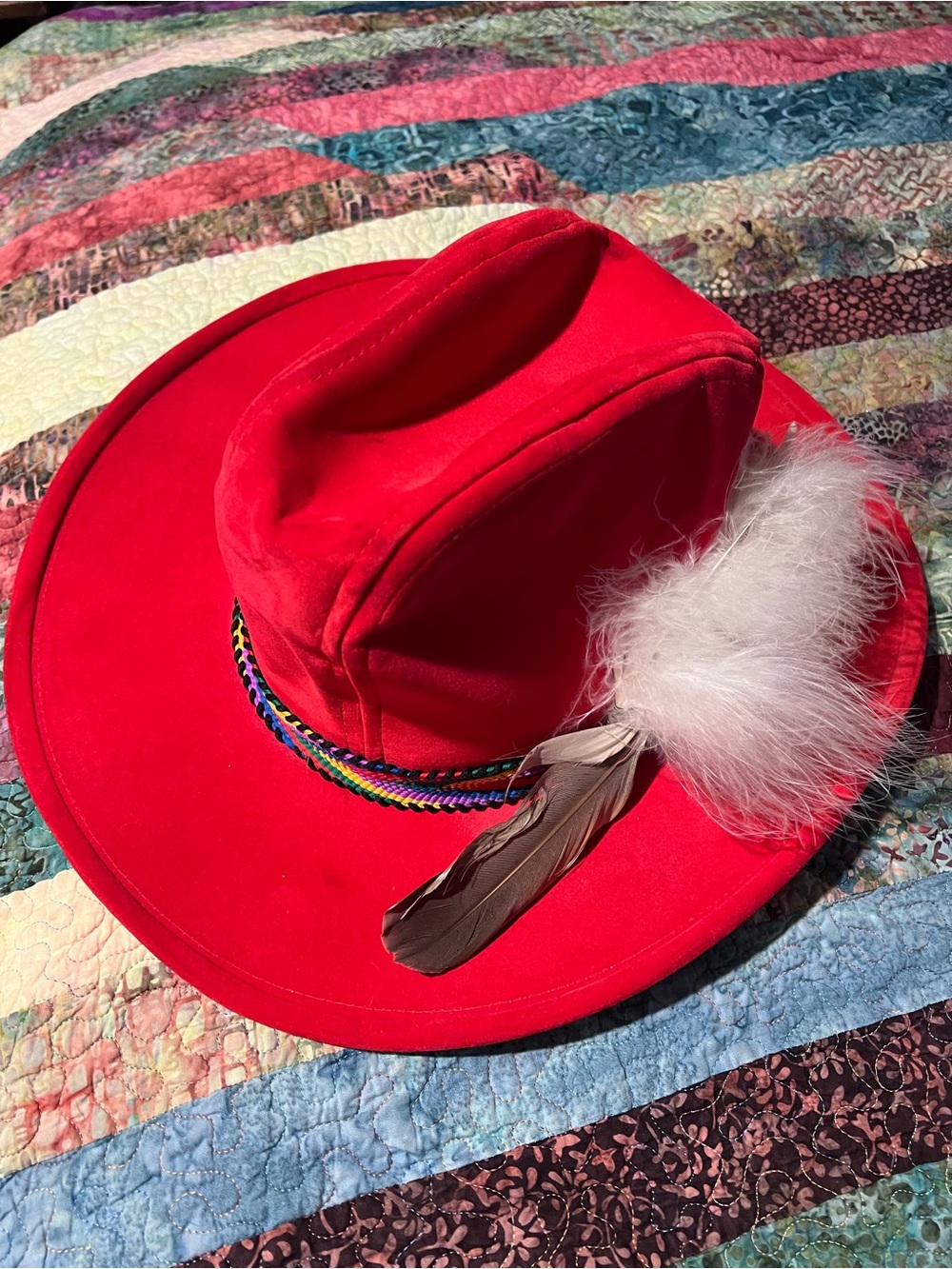 STUDS! Red Suede Feather Cowboy Hat with Rainbow Band - Picture 2 of 5